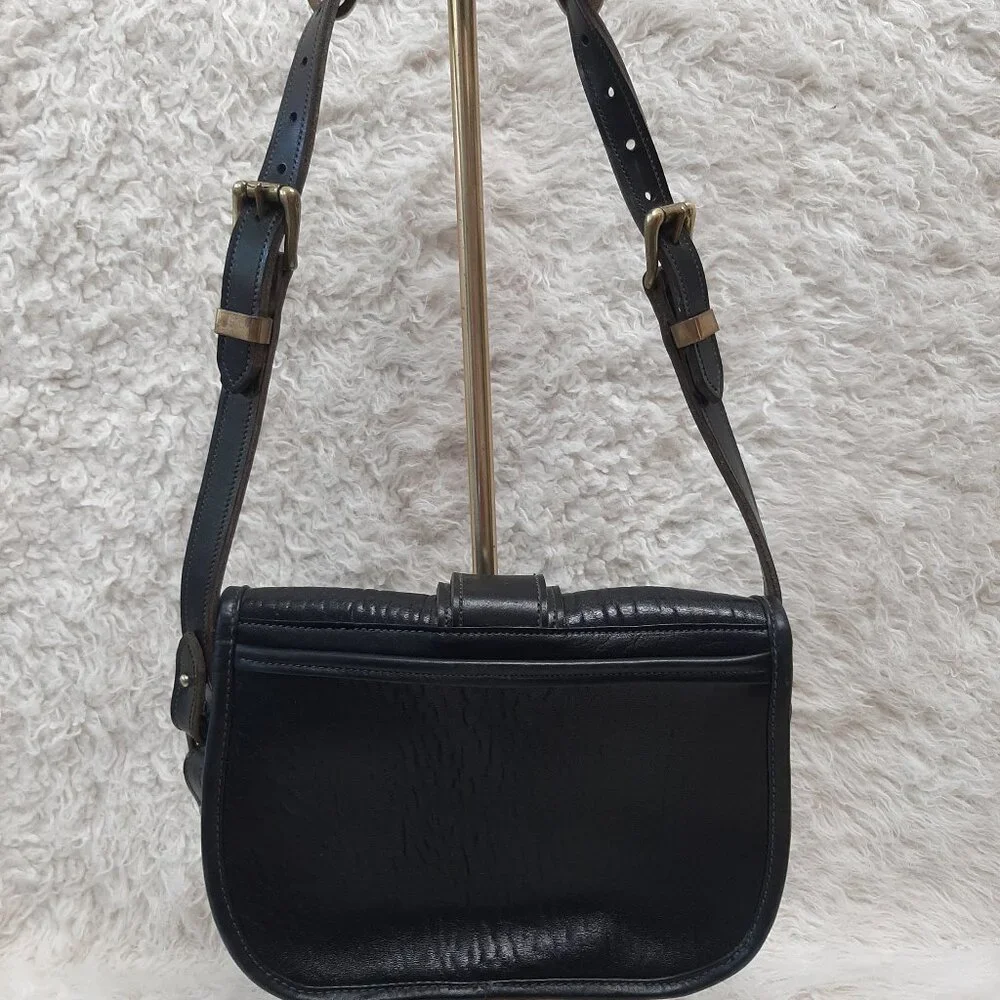 Vintage Bag by Calder of Canada Black Pebbled Leather Shoulder Bag w/ Solid Bras - Picture 3 of 11